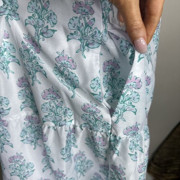 J Marie CECILIA RUFFLE SLEEVE DRESS Sz Large Tiered White Teal Floral Print - Picture 8 of 11